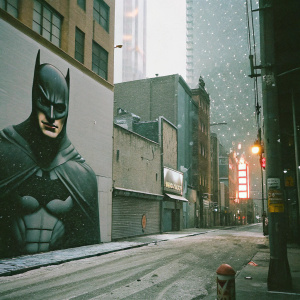 Gotham City street scene with Batman graffiti mural. Neon signs in the background