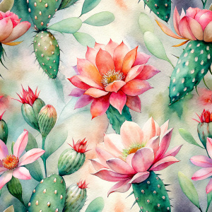 Pattern Seamless, Vector, Vintage Old Soft Colors, Shade Pink, Abstract Hand-Draw, Cactus Flowers. White background