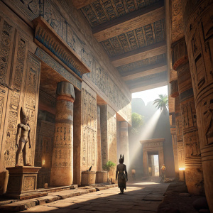 A 3D illustration of an ancient Egyptian temple. Detailed hieroglyphics, bright light streaming through the grand entrance. Assassin's Creed Origins game environment