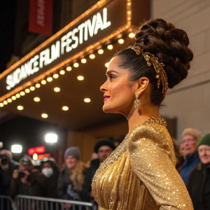 Salma Hayek, with elaborate updo hairstyle, in golden sequined gown. Appearing at Sundance Film Festival. Crowd in background