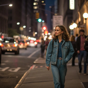 Natalie Portman, wearing a casual denim jacket and jeans, walks down a bustling New York City street at night.