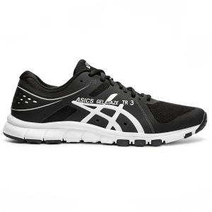 A sleek black and white ASICS Gel-Craze TR 3 cross training shoe. High-quality, athletic design. White ASICS logo stands out on black base. Durable mesh upper, cushioned sole. Ready for a workout.