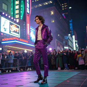 Timothée Chalamet, standing on a neon-lit stage in Times Square, surrounded by bustling city life. Wearing a vibrant purple jacket, slim white shirt, and shiny leather shoes. Crowd cheering
