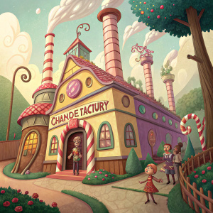 Cartoon-style illustration of the enigmatic chocolate factory from 'Charlie and the Chocolate Factory' by Roald Dahl. Bright pastel colors, whimsical details