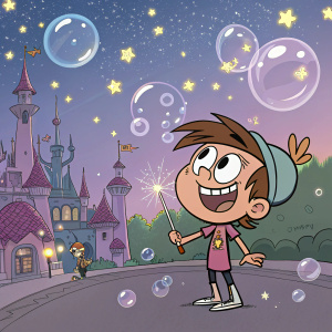 Cartoon illustration featuring Timmy Turner from The Fairly OddParents, set in a bustling, magical fantasy town. Timmy grins widely, standing amidst floating bubbles and sparkles.