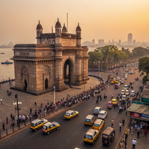 In the bustling streets of Mumbai, the Gateway of India stands as a proud monument. Taxis and bikes weave through the busy roads, while the vibrant crowd fills the air with the energy of trade and excitement.