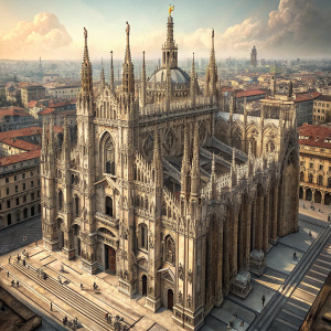 Detailed image of the Milan Cathedral's intricate stone carvings. Aerial view, Italy