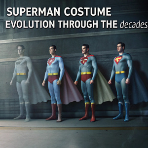Infographic detailing Superman's costume evolution through decades. Each version meticulously illustrated.