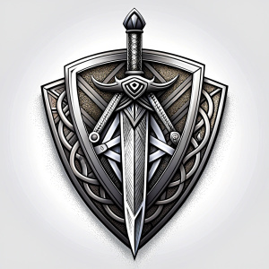 nordic sword and shield geometric symbols -  tattoo design - perfect realistic art - high-definition - grey and black - white background 