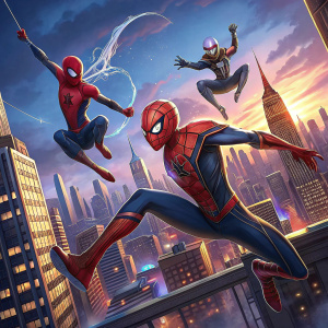 Illustration of Spider-Man characters in dynamic poses. Futuristic city skyline background. Comic book style