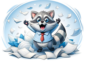 In this image, you can see a joyful raccoon sitting in a pile of scattered papers. He looks happy and open-mouthed, expressing joy or delight. The raccoon is holding business papers in his hand, perhaps looking at them or holding them out to the camera. This scene gives the impression that the raccoon is engaged in something fun or interesting, perhaps having fun looking at or playing with the papers.