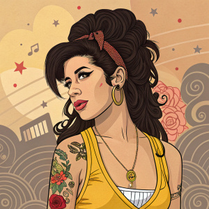 Caricature of Amy Winehouse. Vibrant colors, warm earthy tones, detailed tattoos, and graphic elements. Standing in a quirky, artistic scene