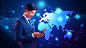 Digital marketing, global business, e-commerce concept. Businessman using mobile phone and laptop computer with global internet network connection technology, social media marketing