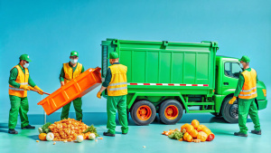 trabajadores con uniformes veige, recolectando residuos organicos, y un camion de medio lado marca JAC color blanco