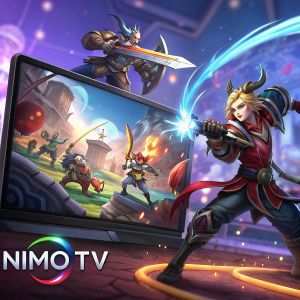 Gameplay screenshot of Mobile Legends with characters in intense battle scenes. Prominent display of Nimo TV logo and special offer. Colorful stage background with dynamic lighting.