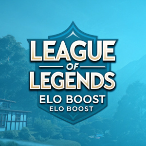 Advertisement for Elo Boost Services. Features League of Legends logo, 'Elo Boost' and 'League of Legends Elo Boost' text. Blue background. Description of services. Website URL included.