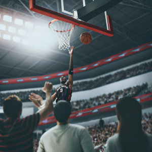 Delon Wright mid-air slam dunk, Toronto Raptors jersey. Basketball arena filled with cheering fans.