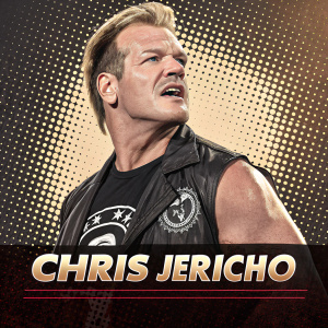 Chris Jericho, powerful wrestler, depicted in comic book style artwork. AEW logo on black shirt. Bold text 'Chris Jericho' beneath. Shiny dots and dark tones add dramatic effect.