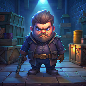 chibi style, solarpunk, concept art, Design a Pixar-style chibi "Henchman" character in full-body for a mafia game. Place him in an underground mafia hideout, with crates, weapons, and dim lighting in the background. The henchman should look muscular and ready for action, dressed in tactical gear or a mafia uniform. The setting should emphasize his role as a loyal enforcer in the criminal organization, giving the scene an air of secrecy and danger.