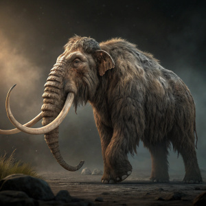 Digital 3D render of War Mammoth from Total War and Warhammer series. Textured with detailed fur. Dark, atmospheric background