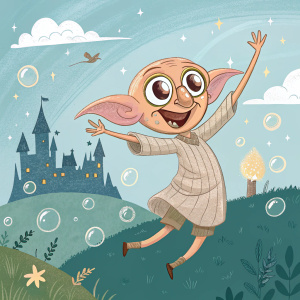 Digital illustration of Dobby, the lovable elf, floating with glee. Background is a whimsical Harry Potter universe scene.