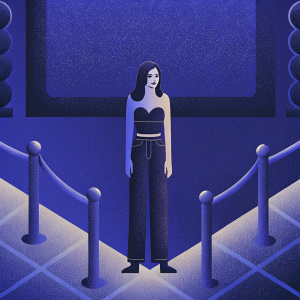 Angelina Jolie at the New York Film Festival premiere of 'Hotel Rwanda'. She wears a black halter top and dark jeans. The background features a sleek, minimalist design with festival logos subtly integrated.