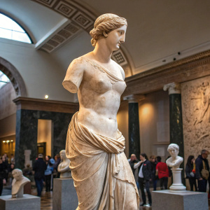 A stunning sculpture of Aphrodite, also known as Venus de Milo, located in the heart of the British Museum. The marble statue, slightly larger than life, stands gracefully.