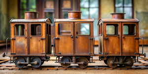 front side old three mini 4bogy train steel old, real photo, natural brown, 