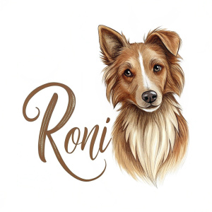 simple logo that says "Roni" in cursive font with a dog in the background