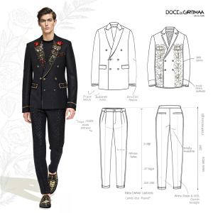 Technical sketches of Dolce & Gabbana's latest collection. Detailed drawings of black jackets, blazers, trousers, and accessories.