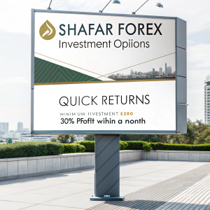Digital billboard showcasing Shafar Forex investment options. Modern, sleek design highlighting quick return on investment. Minimum investment $200, 30% profit within a month. Contact info prominently displayed. Clean, professional color scheme.