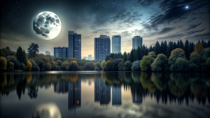  full moon at night, skyscraper city forest  still water dark night black