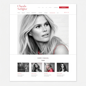 Claudia Schiffer's homepage with a minimalist design. A central black and white image of a woman, highlighted with red. Surrounding smaller panels show diverse content, creating a cohesive aesthetic.