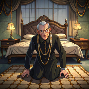 hombre viejo vestido de negro y collares grandes riendose arrodillado frente a una cama animado, art noveau