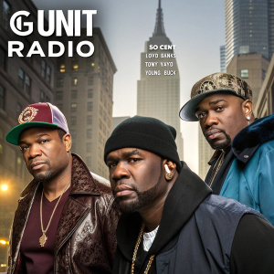 Promotional poster for G Unit Radio. Featuring 50 Cent, Lloyd Banks, Tony Yayo, and Young Buck. Dynamic urban backdrop, showcasing their unique styles and personalities.