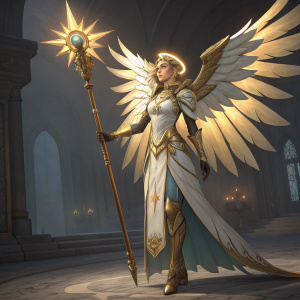 Mercy from Overwatch, dressed in celestial attire, posing with radiant wings. Dimly lit background, detailed textures, intricate design