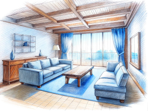 a sketch of a beautiful High-tech living room in pencil, a kitchen cabinet behind the white sofa, with minimal pictures on the wall, linen curtain next to the classroom window, coffee table, modern wood, ceiling with magnetic emissive lighting