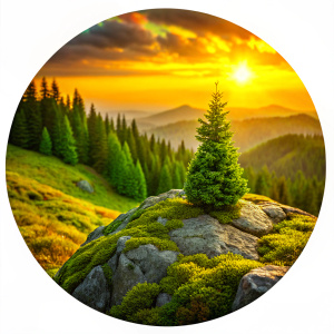 view from the mountain of a spruce forest, sunset, in the foreground there is a stone overgrown with moss,
