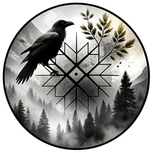 nordic Yggdrasil Symbol -vegvisir runes geometric Symbols - raven and trees - perfect realistic art, high-definition, high-definition grey and black, white background 