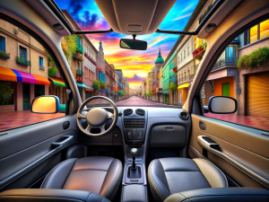 Inside of a city car and full colour, HDR photo realistic, add computer screen 