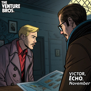 A colorfully detailed comic strip for 'The Venture Bros.' episode 'Victor. Echo. November.' Two characters interact in a dimly lit room. Art style includes intricate shading and bold lines.