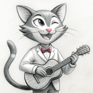 handsome cat playing guitar with black jacket big smile