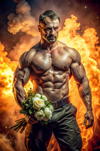 Cinematic hot undersized firefighter aged 40 years, Slavic appearance, white man, shirtless, with muscular abs, round face,  fashionable hairstyle, short neck, rotund, holding out a large bouquet, a fiery flame in the background.