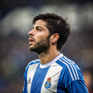 Carles Gil, soccer player, in intense concentration. Dark hair, beard, serious face. Blue and white soccer jersey with adidas logo. Fuzzy stadium backdrop.