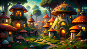 background fairytale village of gnomes with mushroom houses