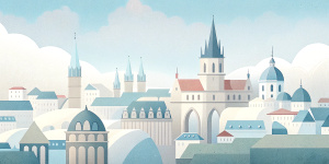 White illustration,  Marek Brzozowski style, surrealistic collage of structural aesthetics, a lot of historical prague houses and briges, huge ocean and sky, white, light pastel colors, zoom out view, grainy texturing paper