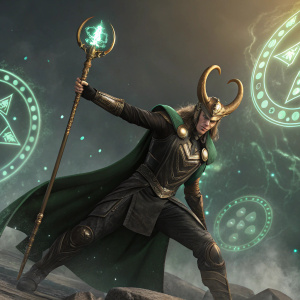 3D rendering of Loki, from Marvel universe. Dressed in dark armor with green highlights and a majestic golden helmet adorned with horns. Pose is dynamic, capturing the essence of action.