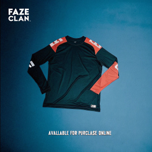 Promotional image showcasing FaZe Clan's 2020 long sleeve jersey. The black jersey features red accents. Available for purchase online. Dark background with red highlights.