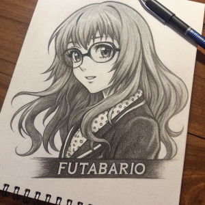 A charcoal drawing of a female anime character named Futaba Rio. The image is in black and white with intricate details on her face and long wavy hair. The text 'FUTABARIO' is written beneath the drawing.