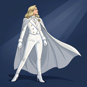 A character resembling Emma Frost. Wears white suit with cape and gloves. Dark blue backdrop. Poses confidently.